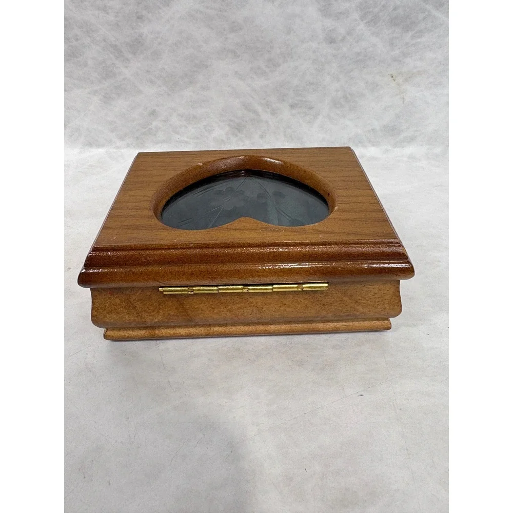 Vintage Wooden Jewelry Box Heart Etched Glass Floral Inlay Green Velvet Lining